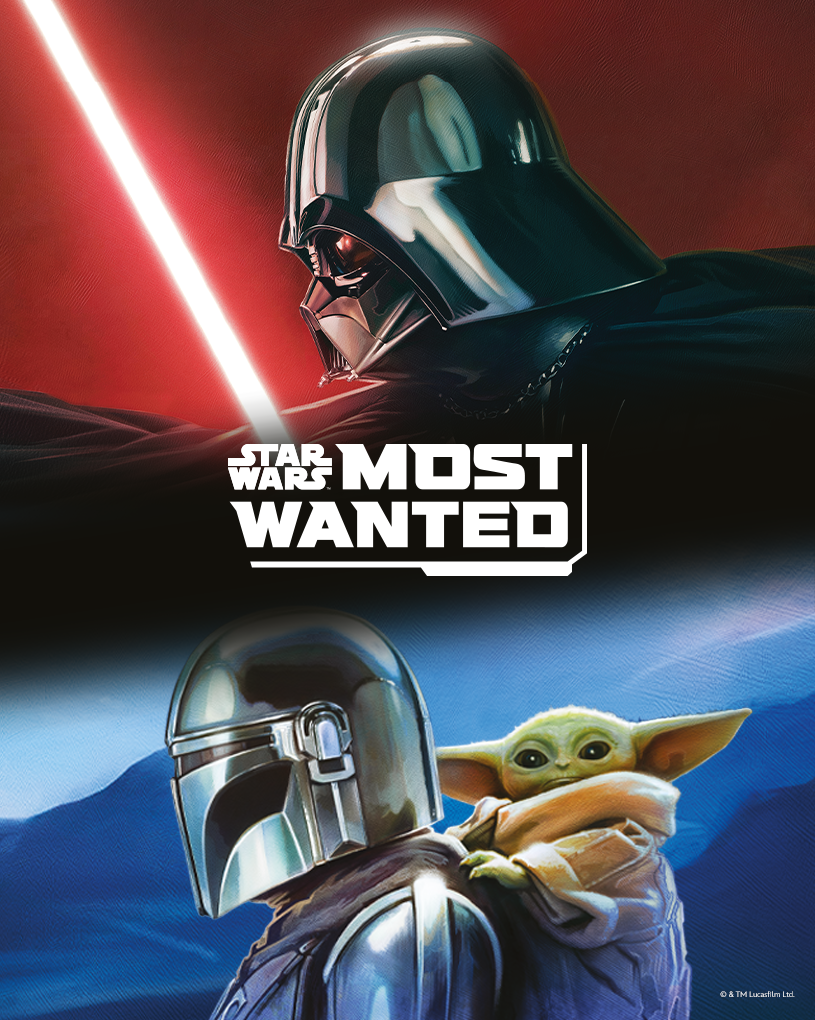 Darth Vader med lyssverd, med teksten 'STAR WARS MOST WANTED'.