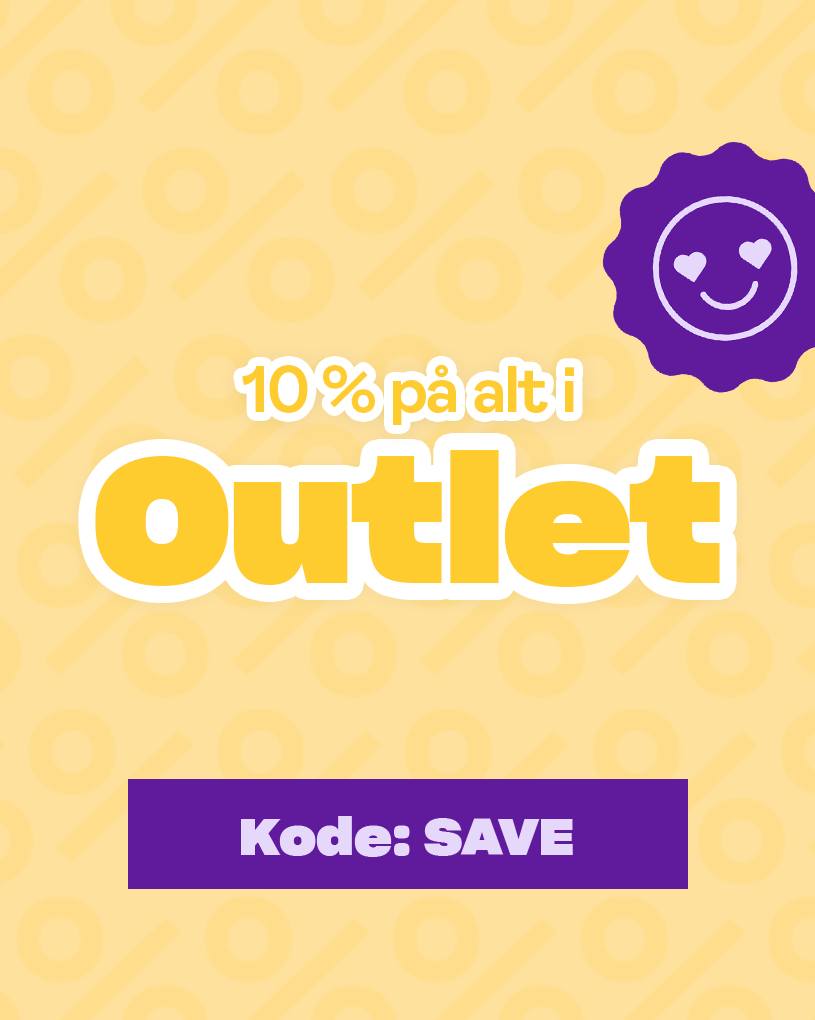"10 % på alt i Outlet". Lilla hjerte-smiley og lilla boks med "Kode: SAVE". Bakgrunn med prosenttegn.